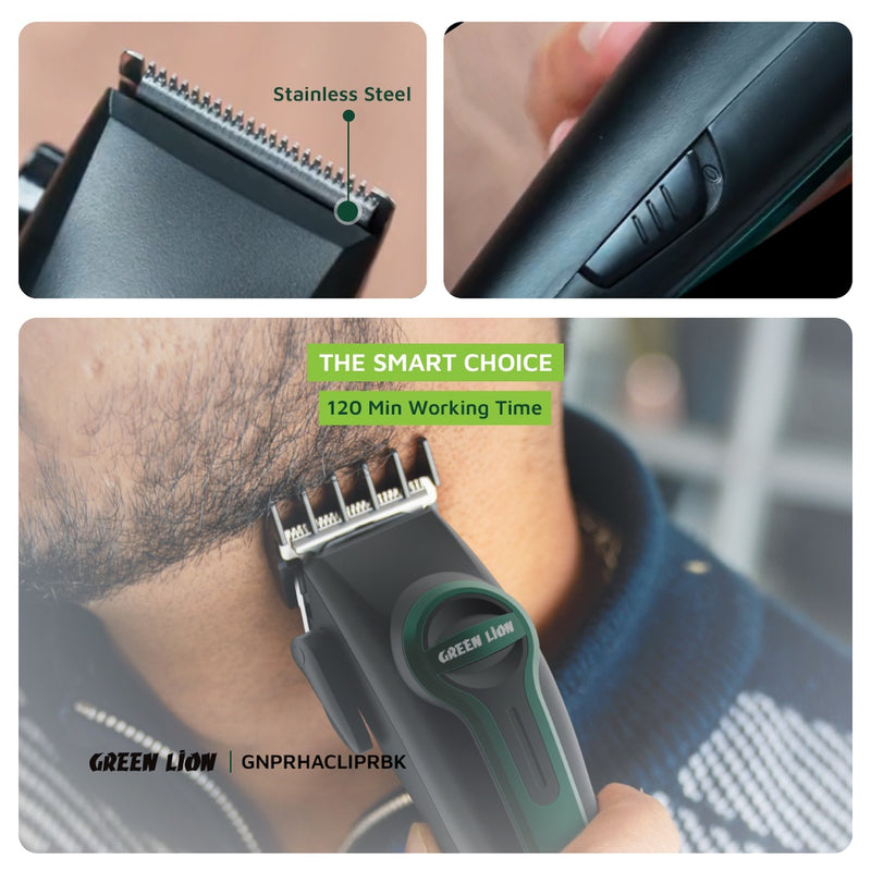 Green Lion Professional Hair Clipper, Type-C Charging, LED Indicator, 4 Size Combs - Black