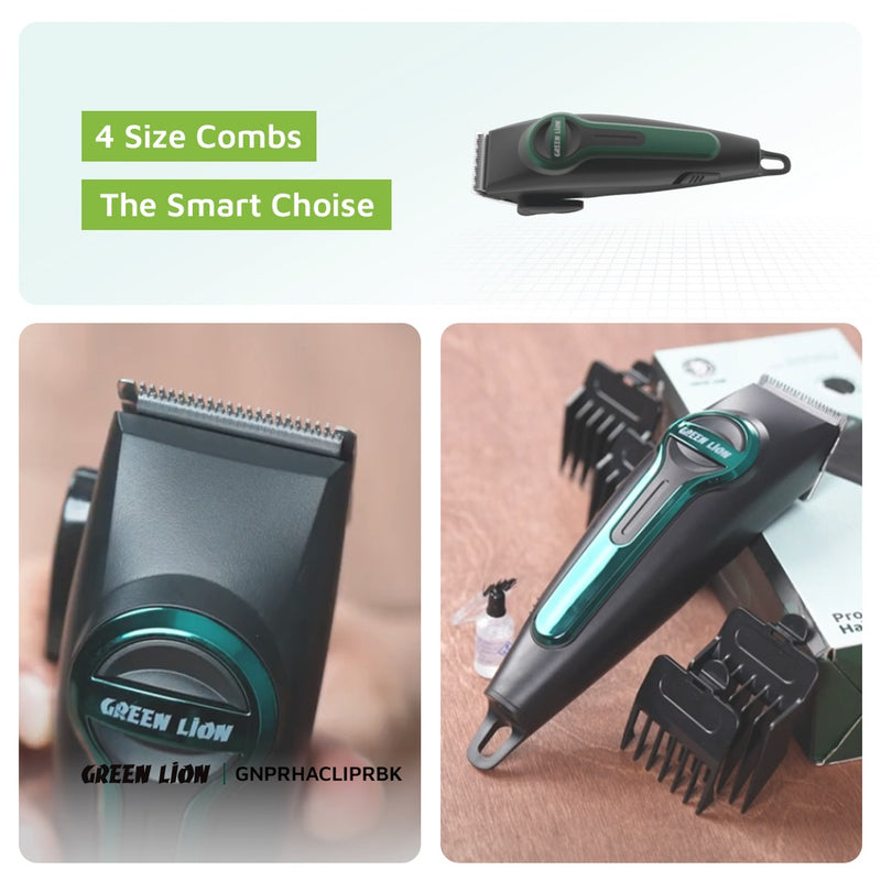 Green Lion Professional Hair Clipper, Type-C Charging, LED Indicator, 4 Size Combs - Black