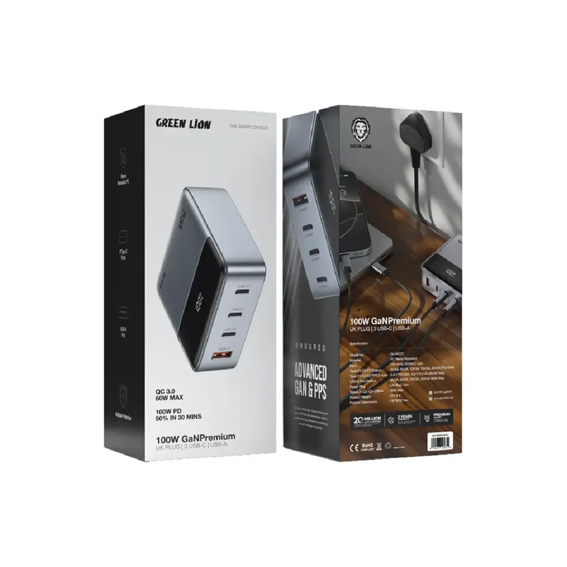 Green Lion 100W GaN Premium UK Plug Adapter - Gray