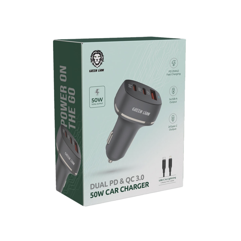 شاحن سيارة Green Lion QC+PD 50W + كابل - أسود