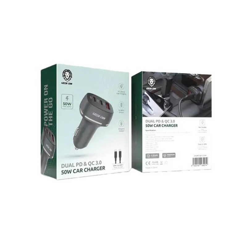 شاحن سيارة جرين ليون ثنائي PD و QC 3.0 بقوة 50 وات - أسود