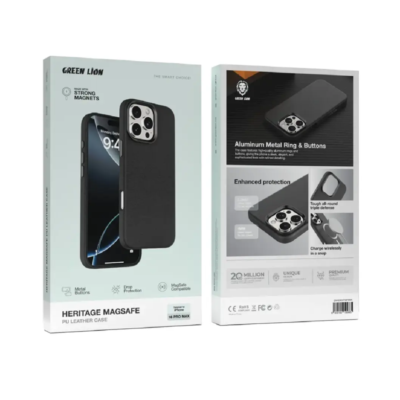 جراب Green Lion Heritage MagSafe لجهاز iPhone 16 Pro Max - أسود