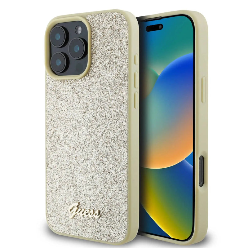 Guess Comfortable Grip Compatible with iPhone 16 Pro Max Drop Protection, Easy Snap-On - Glitter Gold