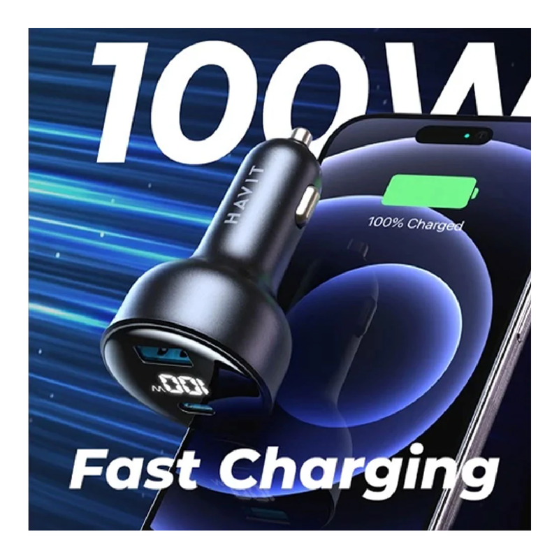 Havit CC100W PD + USB-A Digital Display 100W Fast Car Charger - Black