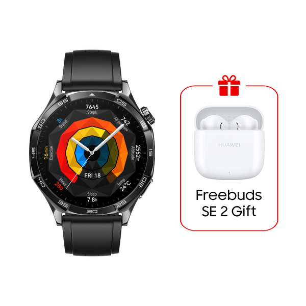 Huawei Watch GT5 with 46mm 1.43" AMOLED, fast and accurate health tracking,  Fluor elastomer Strap - Vili-B19F - Black + Huawei freebuds SE2 White Gift🎁