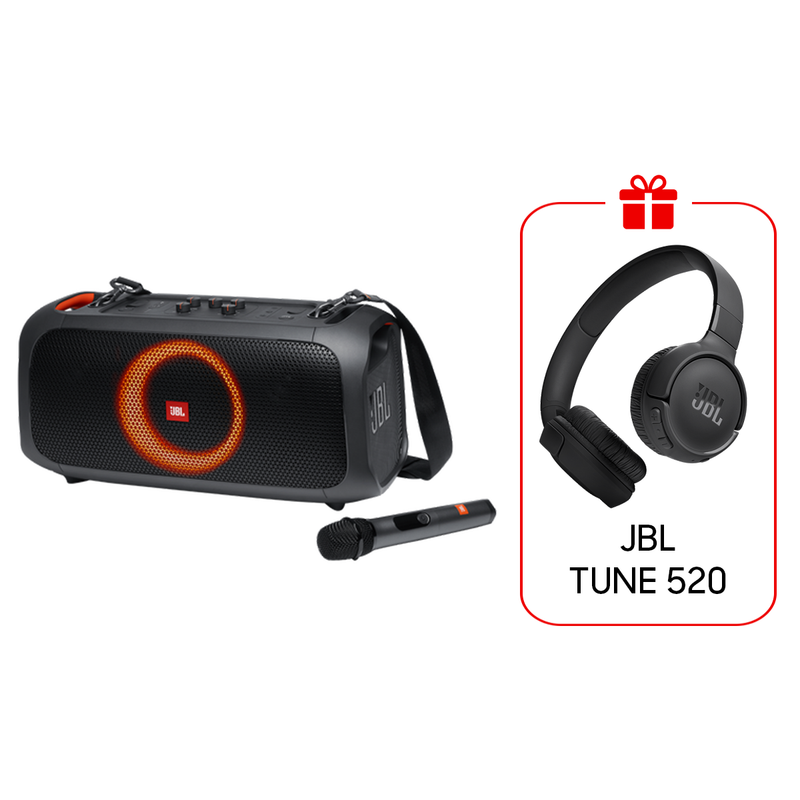 JBL PartyBox On-The-Go Portable Party speaker with built in lights and wireless mic - Black + JBL Tune 520BT Gift🎁