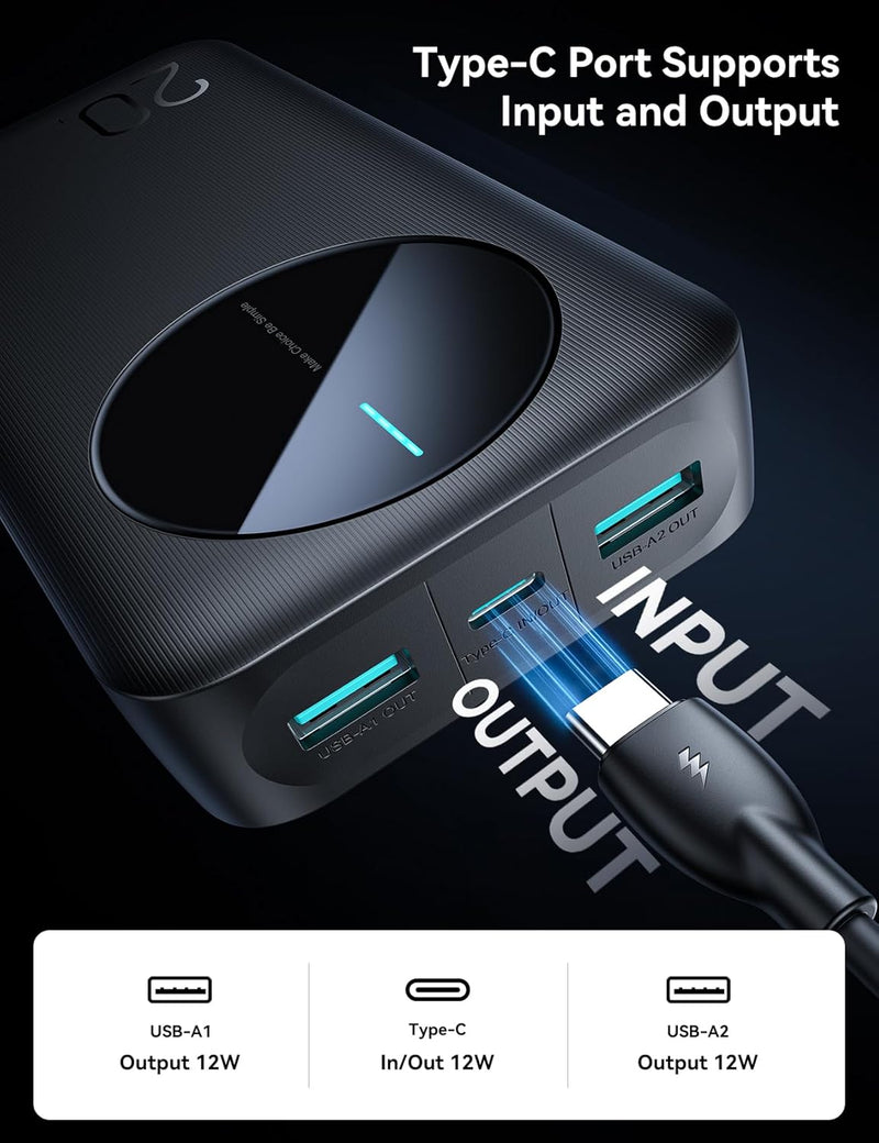 Joyroom 2.4A LED Power Bank with 3 Ports, 22.5W﻿, Output 2USB + Type-C 20000mAh - Black