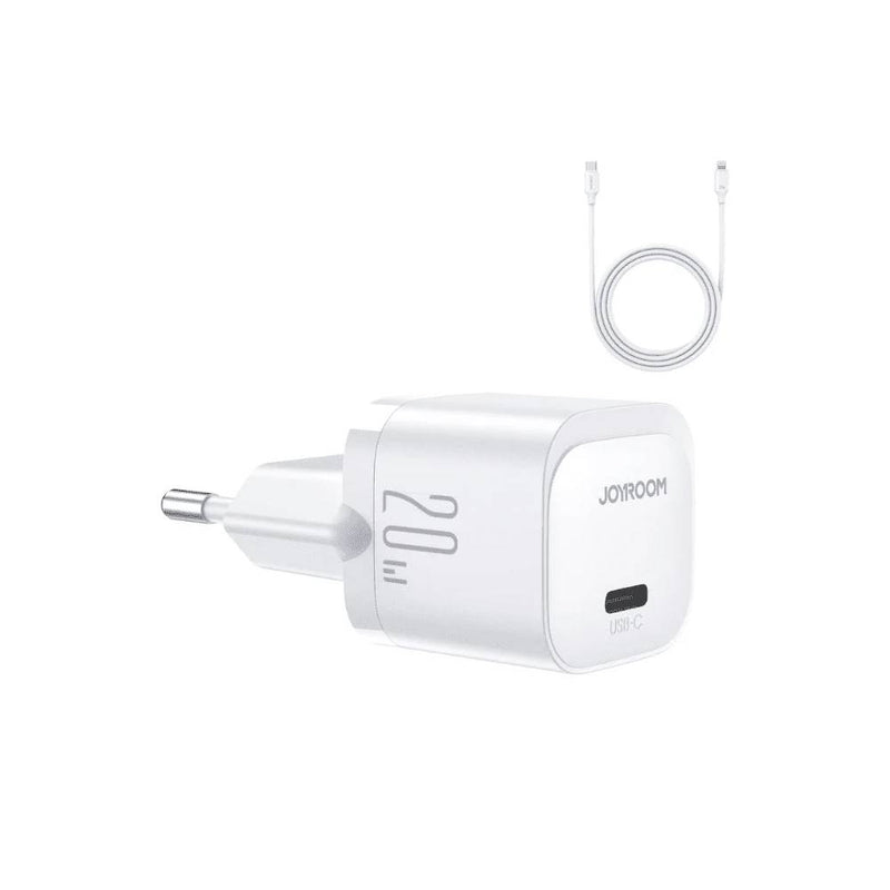 شاحن Joyroom PD Mini سريع - أصغر بنسبة 35% من الشاحن الأصلي بقوة 20 وات - طقم مع كابل Lightning بطول متر واحد - أبيض
