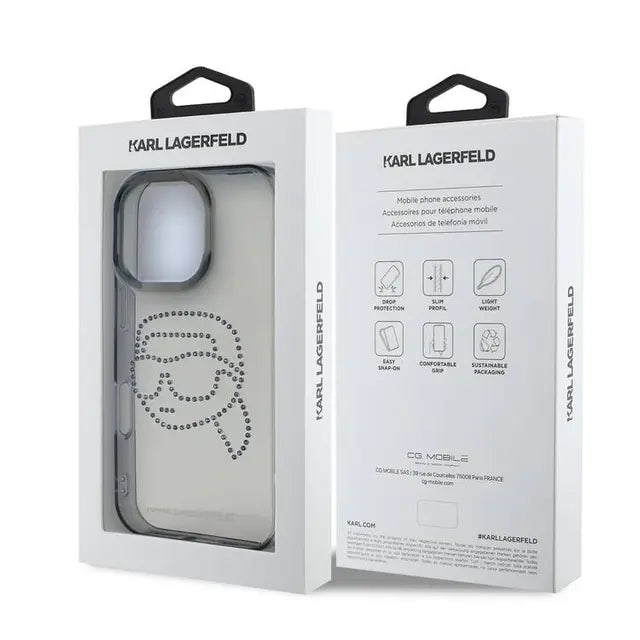 Karl Lagerfeld IML Hard Case with Rhinestones Karl Head Logo for iPhone 16 Pro Max, Easy Snap-On - Black