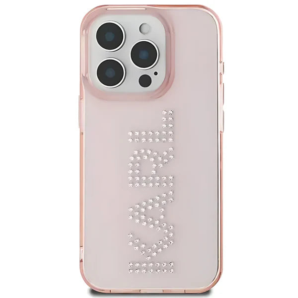 Karl Lagerfeld IML Hard Case with Rhinestones Logo for iPhone 16 Pro Max, Raise Camera Edge, Easy Snap On - Pink