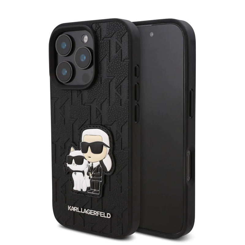 Karl Lagerfeld PU Monogram Kar l& Choupette Patch Hard Case for iPhone 16 Pro Max, Shock Absorption, Drop Protection, Anti-Scratch, Comfortable Grip, Easy Snap On - Black