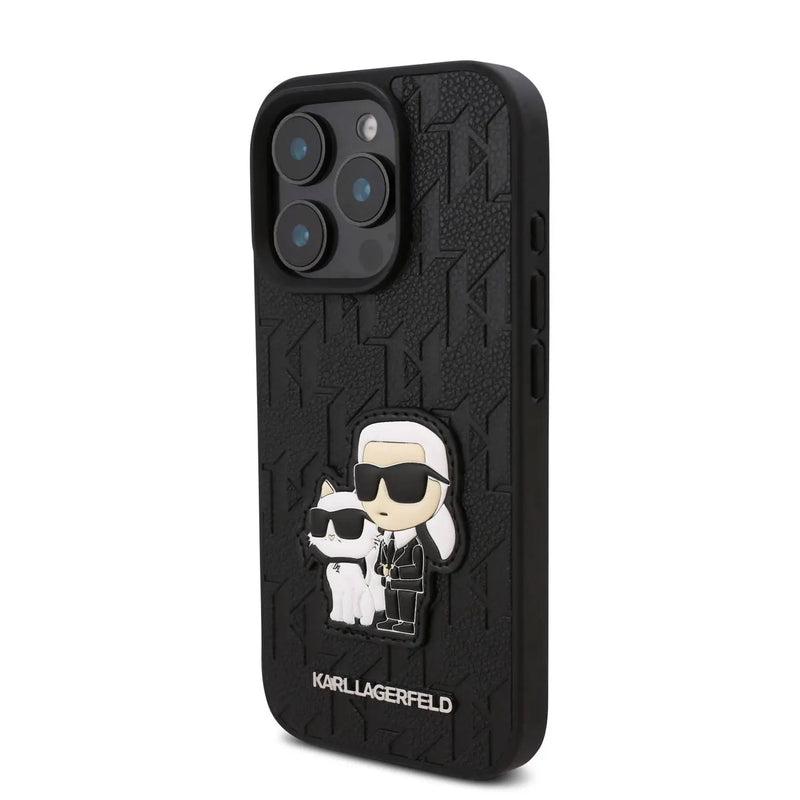 Karl Lagerfeld PU Monogram Kar l& Choupette Patch Hard Case for iPhone 16 Pro Max, Shock Absorption, Drop Protection, Anti-Scratch, Comfortable Grip, Easy Snap On - Black