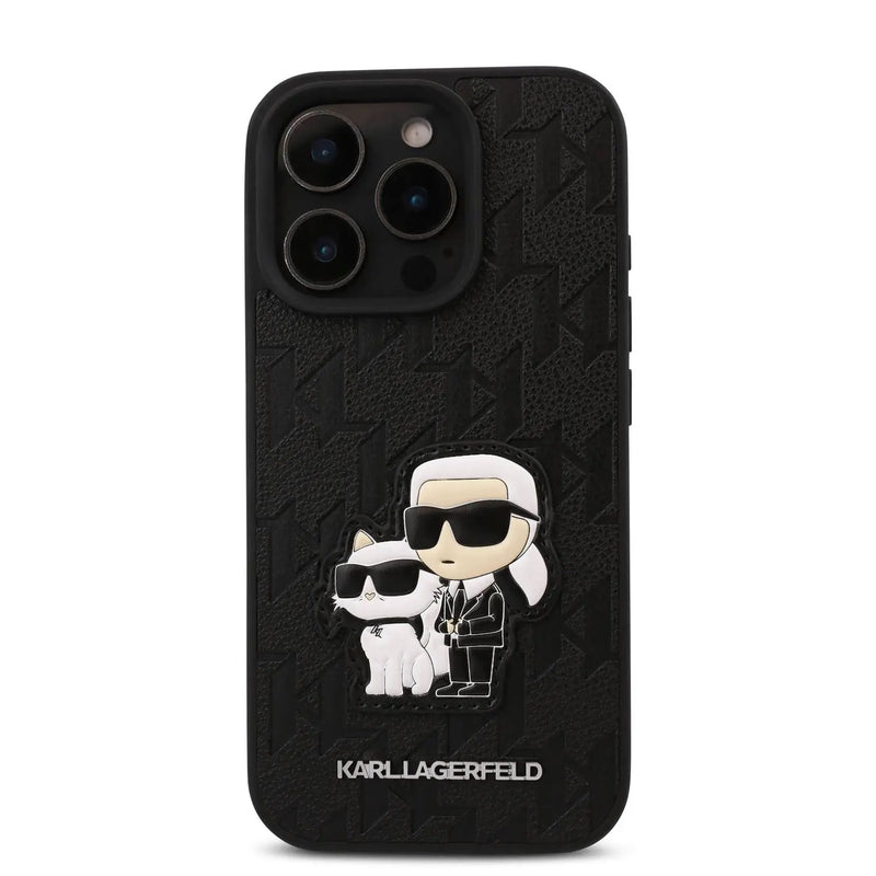 Karl Lagerfeld PU Monogram Kar l& Choupette Patch Hard Case for iPhone 16 Pro Max, Shock Absorption, Drop Protection, Anti-Scratch, Comfortable Grip, Easy Snap On - Black