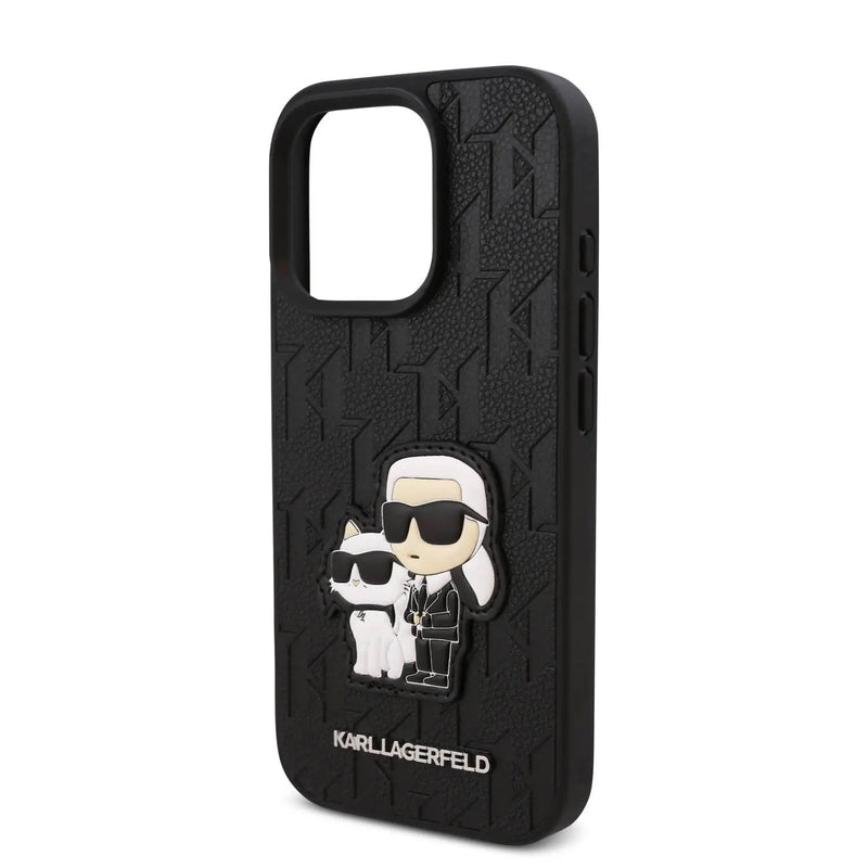 Karl Lagerfeld PU Monogram Kar l& Choupette Patch Hard Case for iPhone 16 Pro Max, Shock Absorption, Drop Protection, Anti-Scratch, Comfortable Grip, Easy Snap On - Black