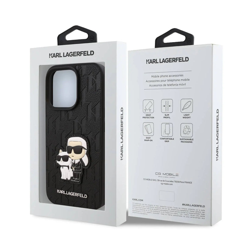 Karl Lagerfeld PU Monogram Kar l& Choupette Patch Hard Case for iPhone 16 Pro Max, Shock Absorption, Drop Protection, Anti-Scratch, Comfortable Grip, Easy Snap On - Black