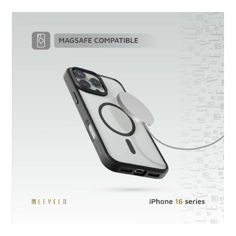 Levelo Magnet Solo Case For iPhone 16 Pro Max, Clearview Technology, 3H Scratch Resistance, Hybrid Construction - Black/Clear