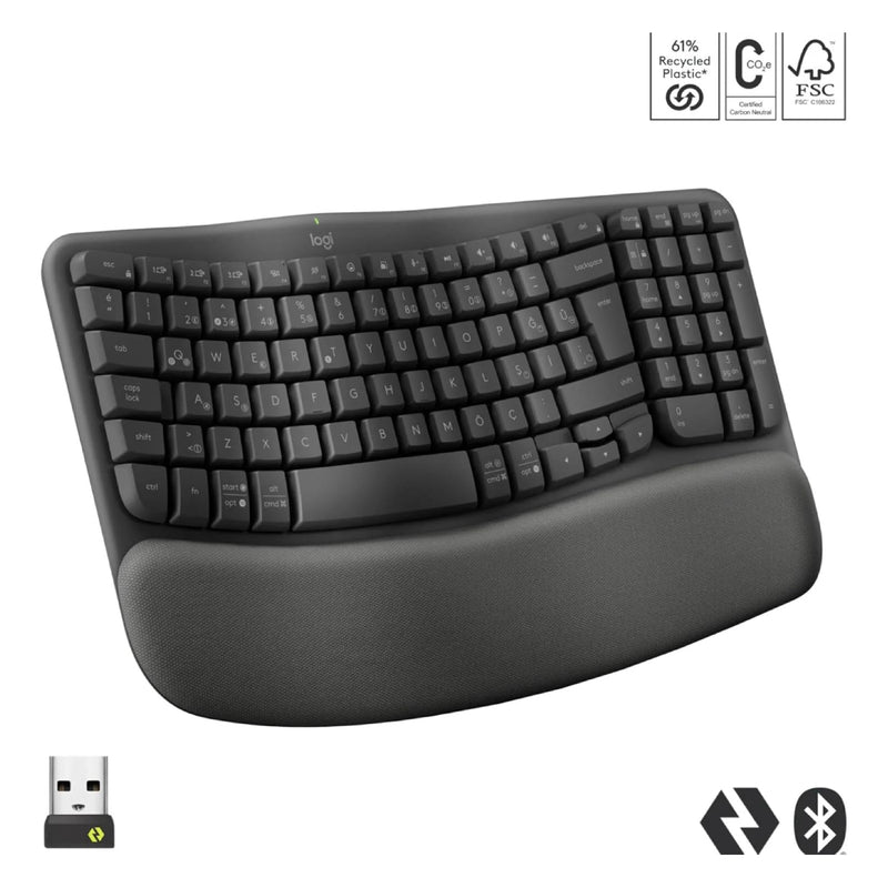 Logitech Wave Keys Wireless Ergonomic Keyboard with Cushioned Palm Rest Graphite