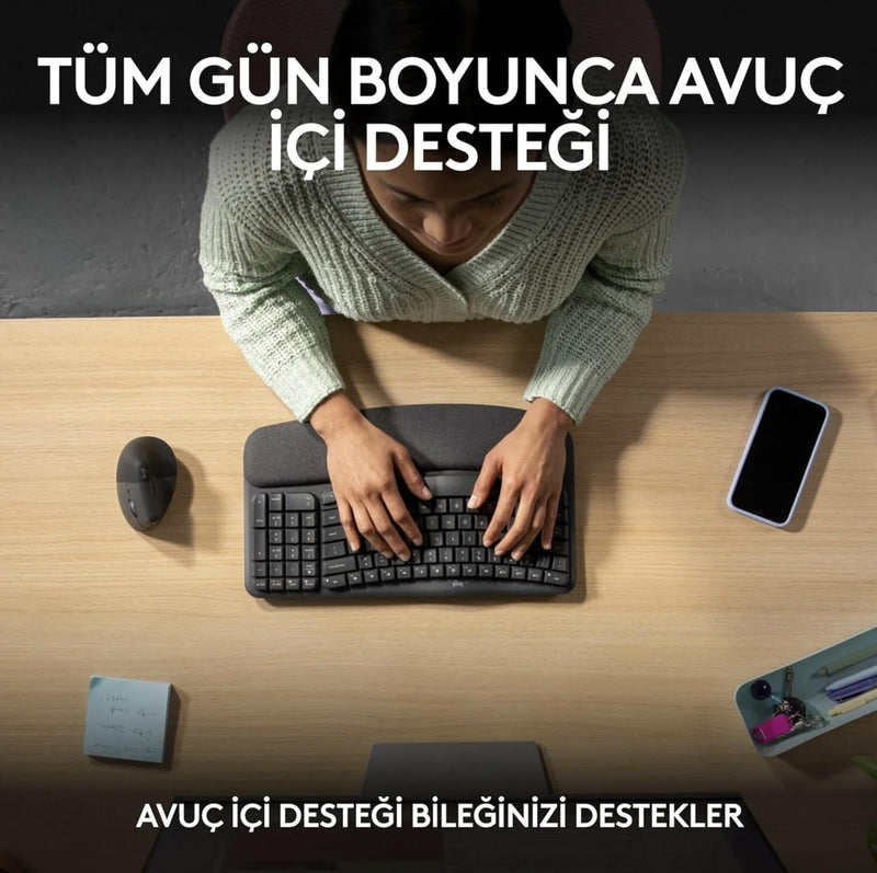 Logitech Wave Keys Wireless Ergonomic Keyboard with Cushioned Palm Rest Graphite