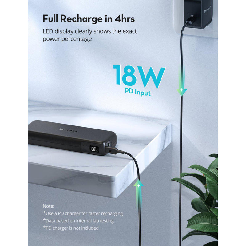 RAVPower PD Pioneer 15000mAh 30W 2-Port Portable Charger USB-C Power Bank RP-PB203 – Black