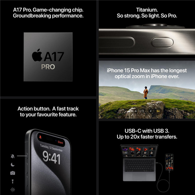 Apple iPhone 15 Pro, 256GB ROM, 8GB RAM, OLED, 120Hz, A17 Pro, 48 MP CAM - Natural Titanium