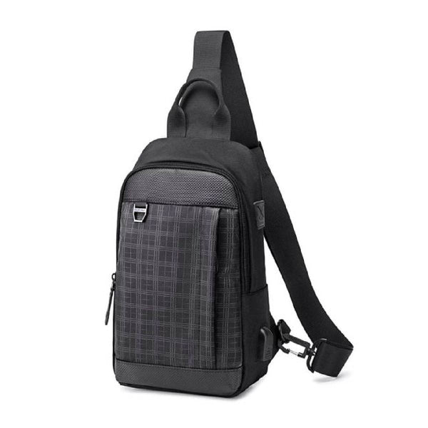 Golden Wolf GXB00124 Crossbody Chest One Shoulder Waterproof Backpack Bag With USB-  Black Grid