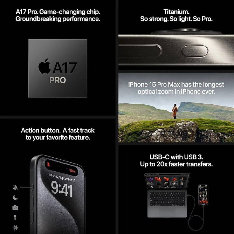 Apple iphone 15 Pro Max, 256GB ROM, 8GB RAM, OLED, 120Hz, A17 Pro, 48 MP CAM - Natural Titanium