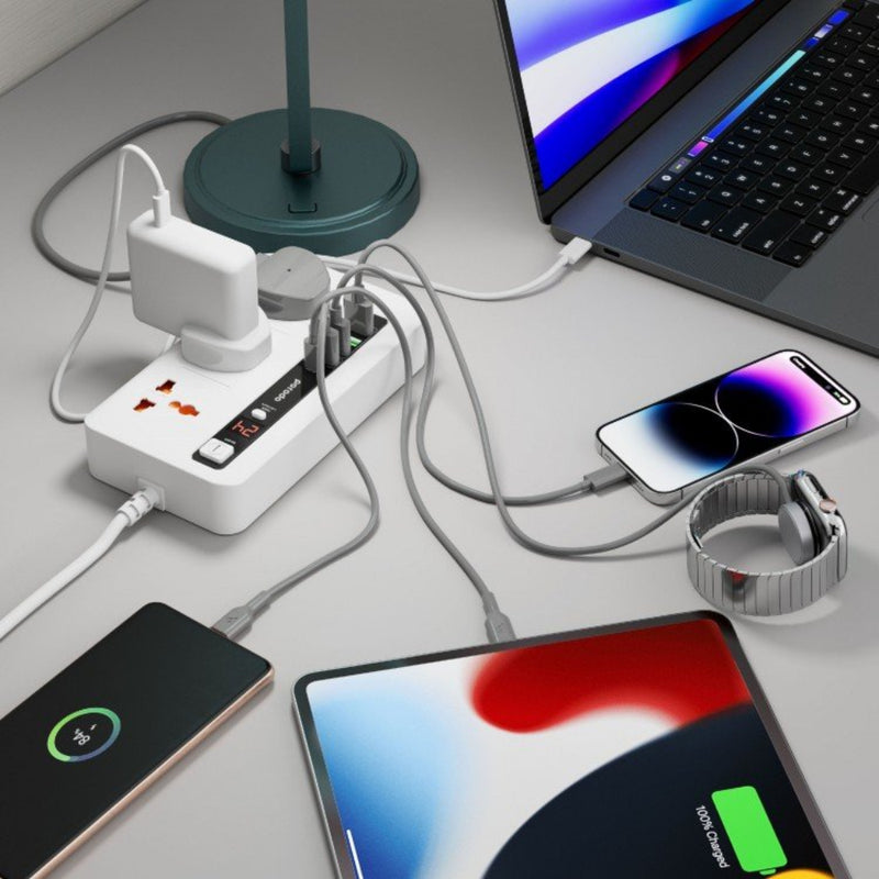 Porodo Multi-Port Power HUB 4 USB-A and 1 USB-C 2m Ultimate Home & Office Kit - White