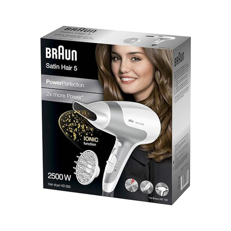 Braun Satin Hair 5 Hair Dryer, 2500 Watt, 3 Temperatures, White and Grey - HD585