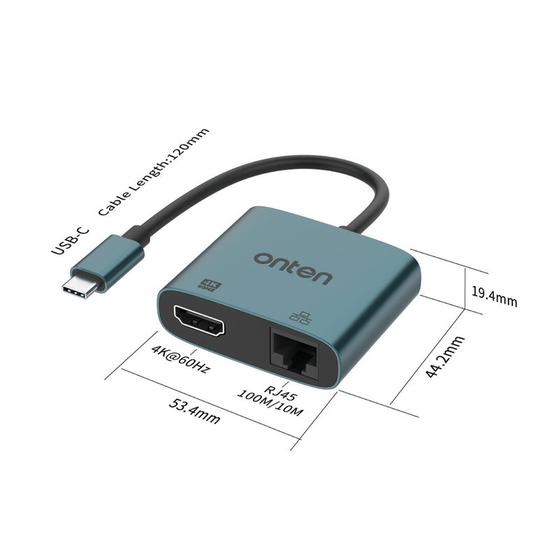 ONTEN 2-in-1 USB-C to HDMI 4K Adapter with RJ45 (100/10Mbps) - OTN-UC288 - Green