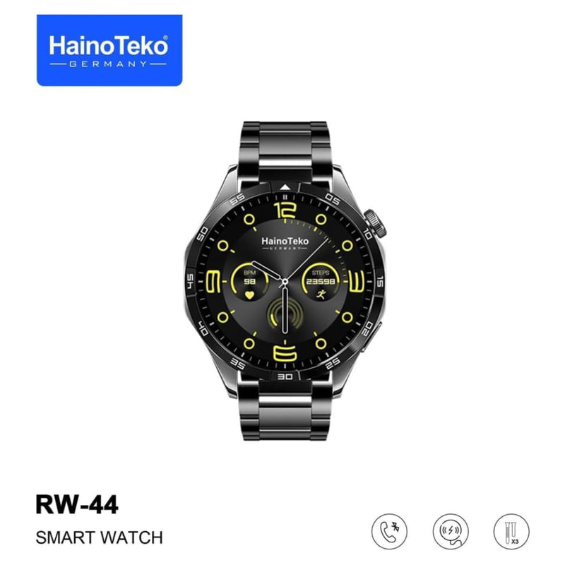 Haino Teko GT4 Smart Watch With 3 Strap (Stainless Steel + Leather + Silicone) AMOLED HD IPS Display - RW-44 - Black