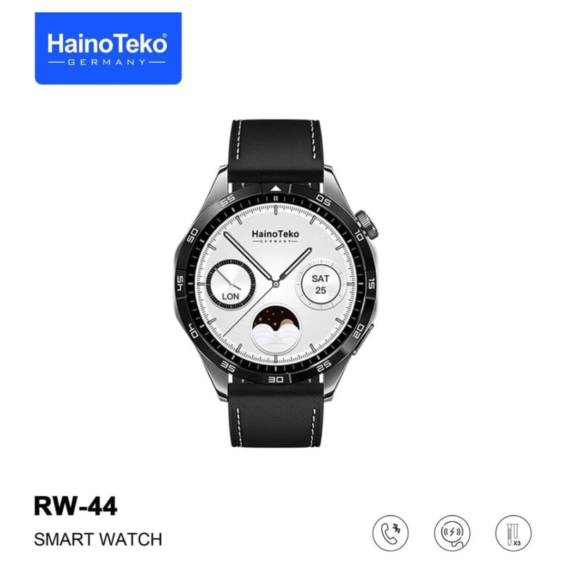 Haino Teko GT4 Smart Watch With 3 Strap (Stainless Steel + Leather + Silicone) AMOLED HD IPS Display - RW-44 - Black