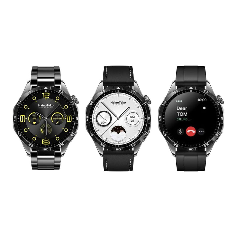 Haino Teko GT4 Smart Watch With 3 Strap (Stainless Steel + Leather + Silicone) AMOLED HD IPS Display - RW-44 - Black