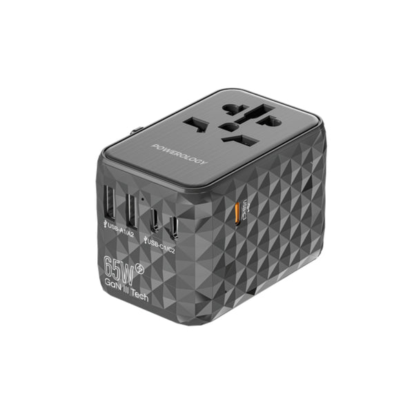 Powerology Universal Multi-Port Travel Adapter PD 65W ( 3X Type-C / 2X USB-A Ports ) - Grey