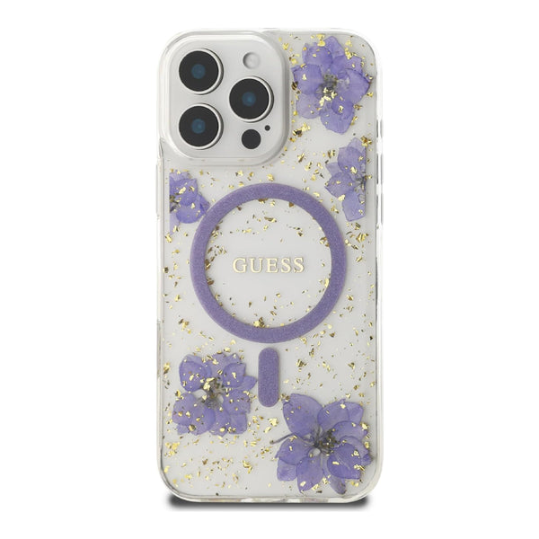 Guess Comfortable Grip Compatible with iPhone 16 Pro Max Hard Case with Resin Flowers Design - Purple