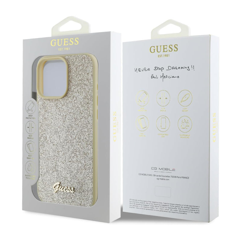 Guess Comfortable Grip Compatible with iPhone 16 Pro Max Drop Protection, Easy Snap-On - Glitter Gold