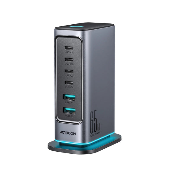 Joyroom 6 in 1 GaN 4 USB-C & 2 USB-A Multi-port Charger 65W Multi-Port Charger - JR-TCM02 - Dark Gray