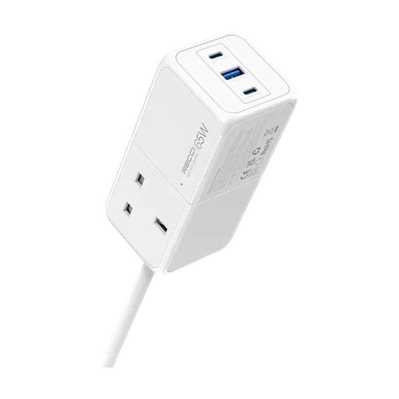 Recci Gan Wall Charger, 65 Watt, 3 Ports, 1 Usb 3.0 And 2 Type-C - RC48U - White