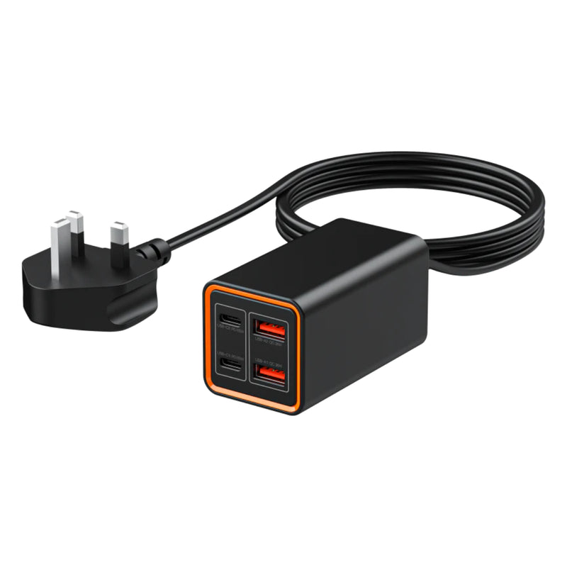 Recci Charger 65W Gan Wall Charger, 65 Watt, 4 Ports 2 USB-A and 2 Type-C (UK Plug) - RC37 - Black