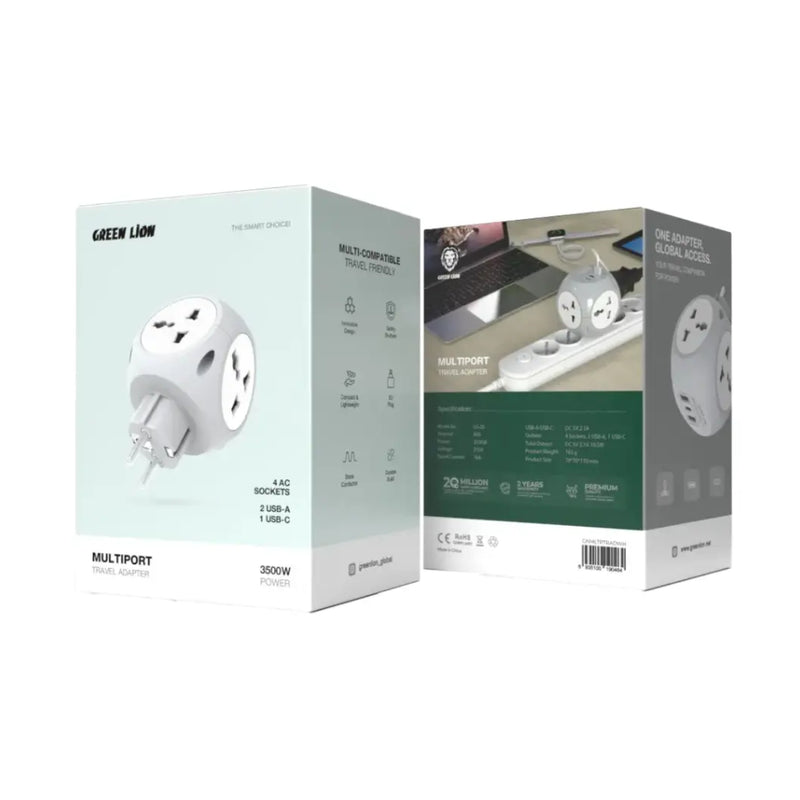 Green Lion 3500W Multiport Travel Adapter 2 USB-A, 1 USB-C - White