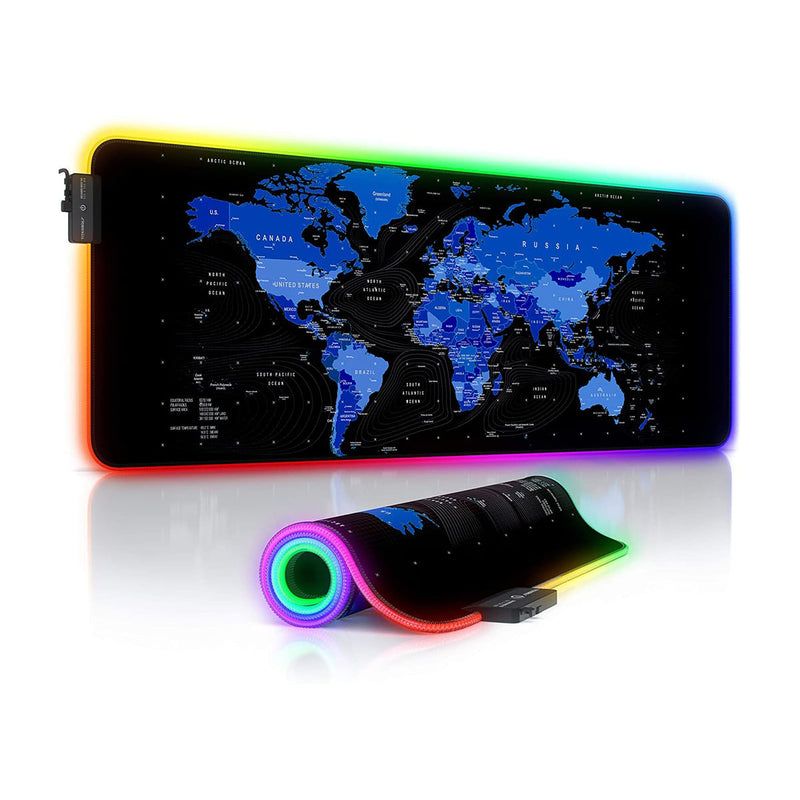 World Map RGB Gaming Mouse Pad XL Rubber USB Wired for Mouse And Keyboard - 80*30 cm - Blue