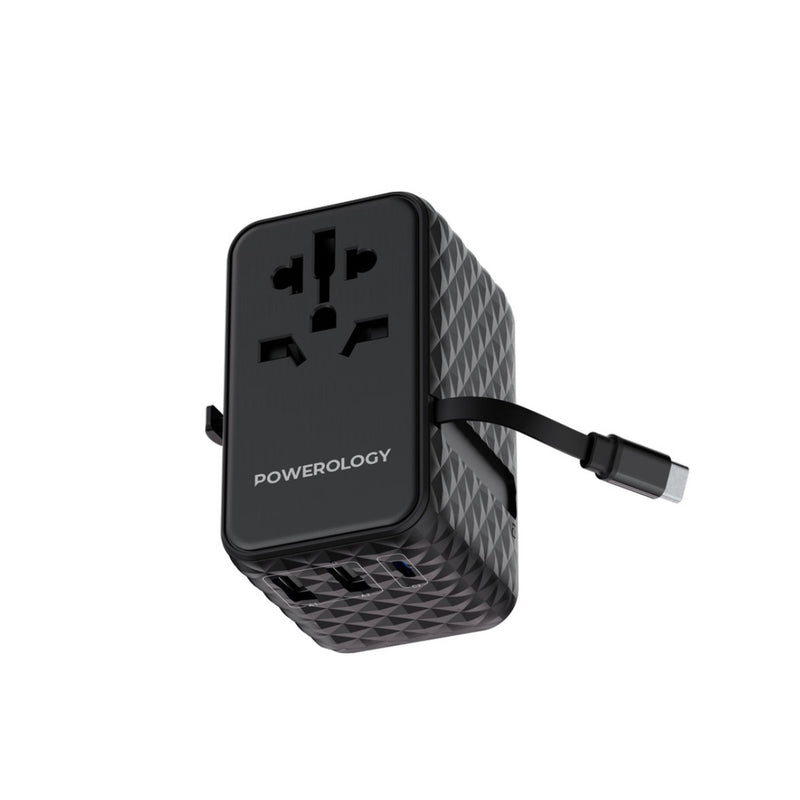 Powerology GaN 20W PD Universal Adapter Retractable, Simultaneous Charging - Black