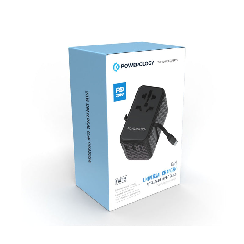 Powerology GaN 20W PD Universal Adapter Retractable, Simultaneous Charging - Black
