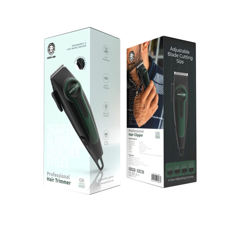 Green Lion Professional Hair Clipper, Type-C Charging, LED Indicator, 4 Size Combs - Black