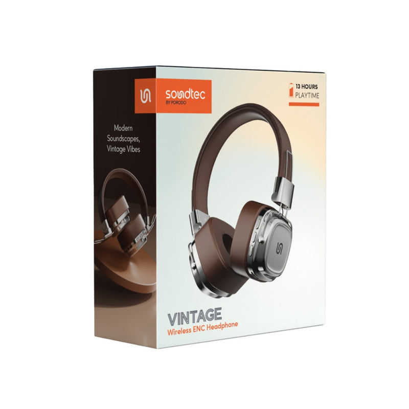 Porodo Soundtec Vintage Wireless ENC Headphone 350mAh, BT V5.3 EDR, 13H Playtime, 200H Standby Time, Micro SD Slot, Skin-Friendly & Lightweight, for Gym, Running, Work - Brown/Silver