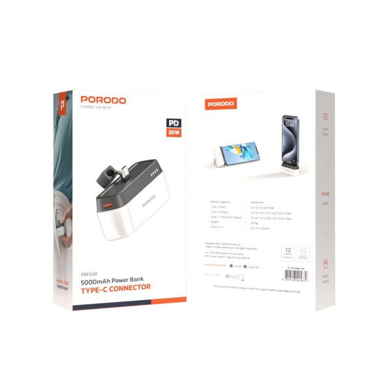 Porodo Power Bank with Type-C Connector Small & Portable, 5000mAh, 20W - White