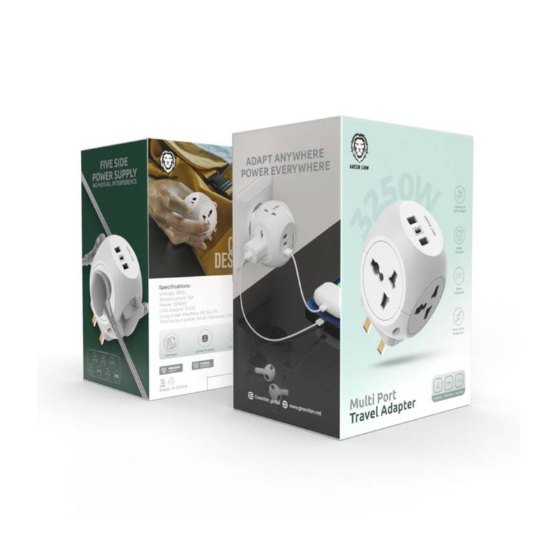  Green Lion Multi Port Travel Adapter.with 2 USB-A ports and 1 Type-C port 3250W - White