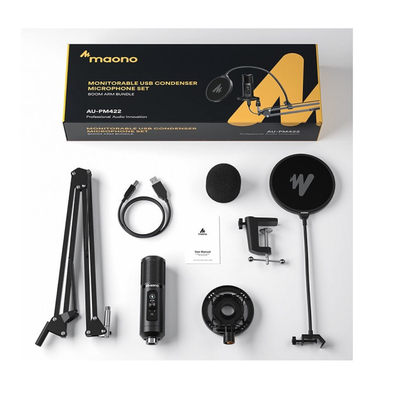 Maono Monitorable USB Condenser Microphone Set BooM ARM Bundle - AU-PM422 - Black