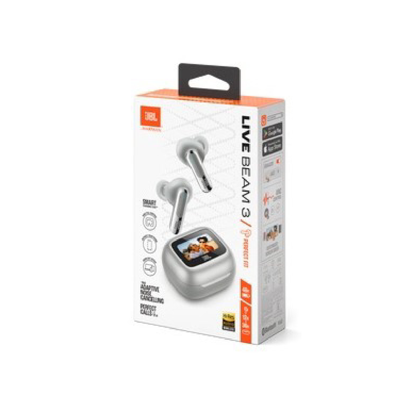JBL Live BEAM3 True wireless noise-cancelling earbuds with stick-closed design and Smart Charging Case - Silver