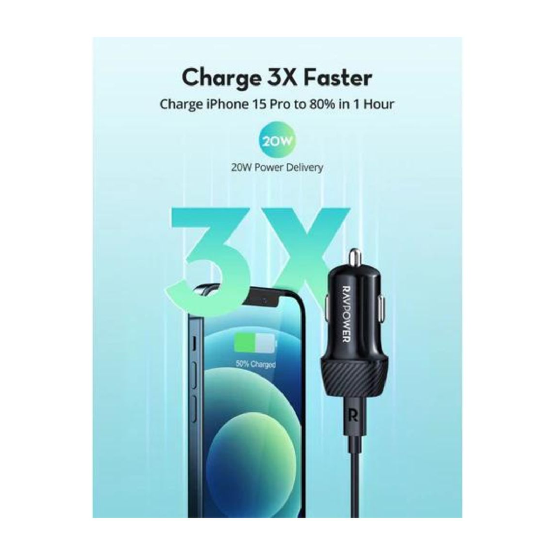 شاحن سيارة RavPower PD Pioneer 20 واط USB C - RP-VC1017 - أسود 