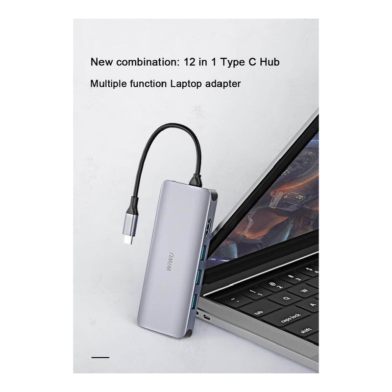 WIWU Alpha 12 in 1 Ports Aluminum Alloy USB-C Hub Multi-function, High speed transmit, Adapter Portable - Gray